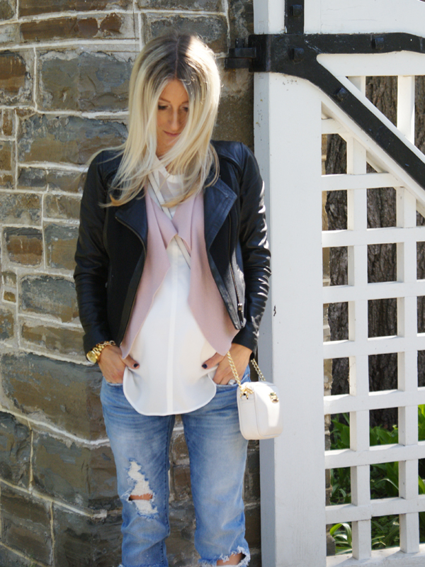 ripped jeans leather jacket maternity style